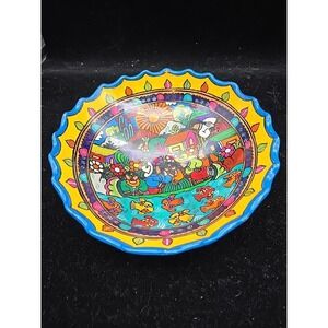 Mexican Hanging Bowl Statement Pottery Painted All Over Village Pattern People